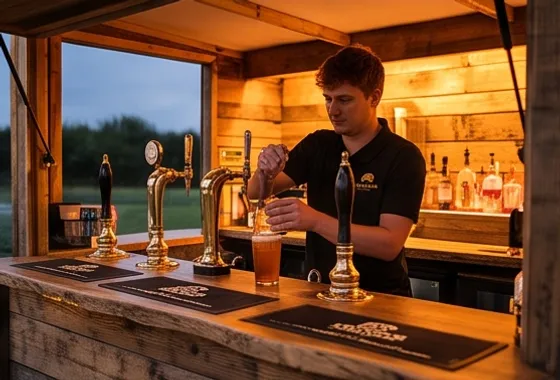 Bartender pulling a pint at a rustic timber event bar in warm light