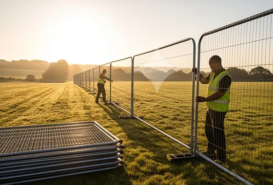 Crew installing Heras fencing panels across a field at sunrise
