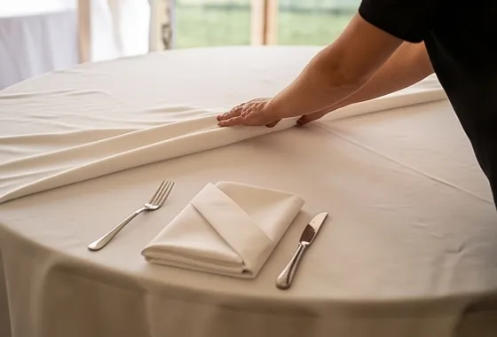 Hand smoothing a pressed white tablecloth beside a folded napkin and cutlery