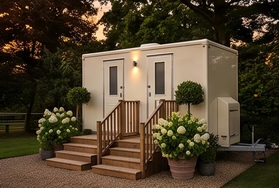 Luxury toilet trailer with timber steps and hydrangea planters at a wedding venue
